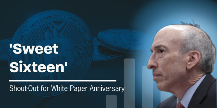 Gary Gensler Gives Bitcoin a ‘Sweet Sixteen’ Shout-Out for White Paper Anniversary