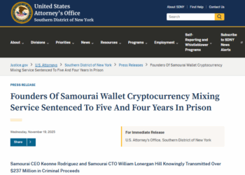 Samourai Wallet CTO Gets 4 Years in Prison For $2B Bitcoin Laundering Scheme