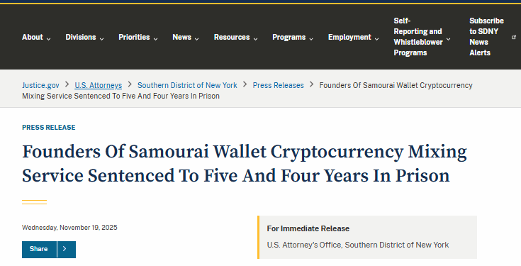 Samourai Wallet CTO Gets 4 Years in Prison For $2B Bitcoin Laundering Scheme