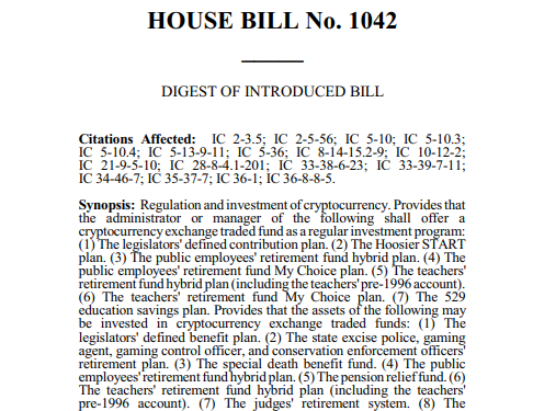 Indiana Bill Would Mandate Bitcoin in Pensions and Shield Self-Custody Rights