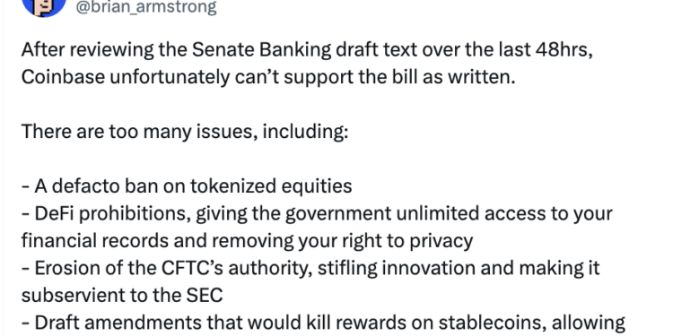 Coinbase CEO Raises Red Flags Over US Crypto Bill