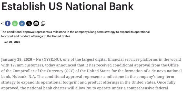 Brazil’s Nubank Wins OCC Conditional Approval for U.S. National Bank – Crypto Custody Soon?