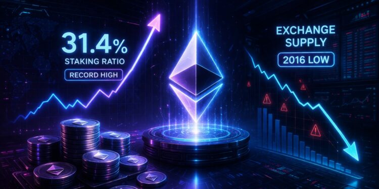 Ethereum Staking Ratio Hits Record 31.4% As Exchange Supply Crashes To 2016 Lows
