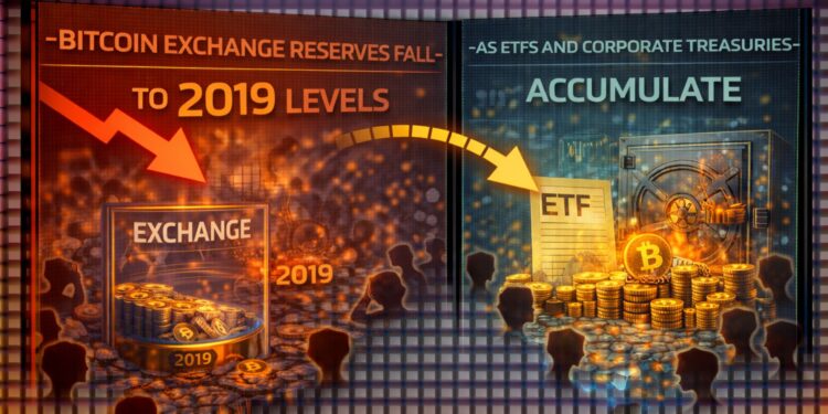 Bitcoin Exchange Reserves Fall To 2019 Levels As ETFs And Corporate Treasuries Accumulate