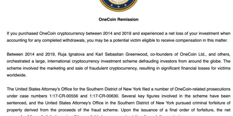 DOJ Opens $4 Billion OneCoin Claims Portal for Scammed Investors